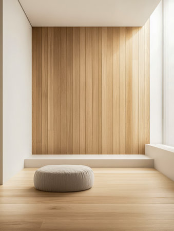 Bright and spacious interior features wooden walls and soft lighting. A round cushion sits on a smooth wooden floor creating a serene atmosphere perfect for relaxation or meditation.の素材