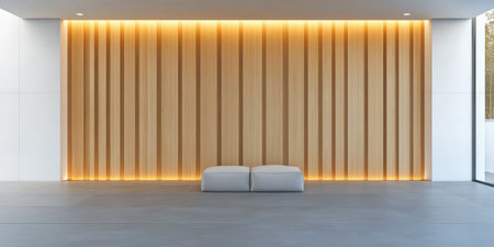 The interior design showcases a contemporary space with a wooden wall accentuated by warm lighting. Two minimalist seats are placed on the smooth floor emphasizing simplicity and elegance.の素材