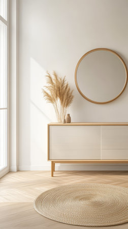 A spacious living room features a light wood console a mirror and a decorative vase with dried plants. Sunlight streams through large windows creating a warm atmosphere.の素材