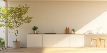 A spacious kitchen features sleek cabinetry and a wooden countertop. Sunlight streams in through large windows illuminating potted plants and simple decor creating a calm atmosphere.の素材