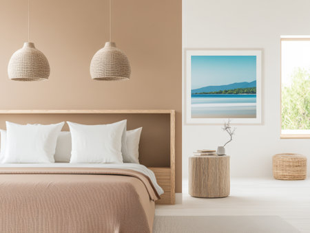 This contemporary bedroom showcases a minimalist design with a neutral color palette. An inviting bed adorned with white pillows is complemented by textured pendant lights and a serene wall art piece.の素材