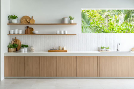 A bright kitchen features open shelves adorned with plants and tableware. Sunlight streams through a large window offering a lush view of greenery outside blending indoor and outdoor elements.の素材