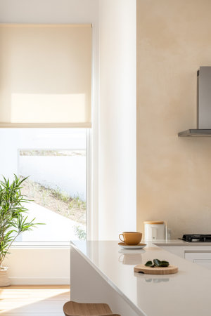 Bright and airy kitchen featuring a sleek design potted plants a wooden table and a warm beverage. Sunlight streams in through the window enhancing the inviting atmosphere.の素材