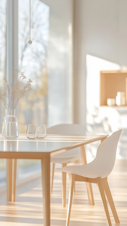 A serene dining area features a white table accompanied by stylish chairs. Natural light streams in through large windows creating a tranquil atmosphere.の素材