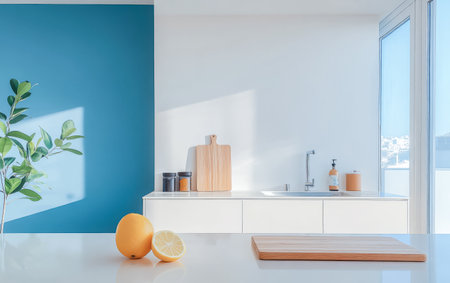 A bright kitchen featuring a blue accent wall and natural light pouring in. Fresh lemons sit on a countertop near a wooden cutting board enhancing the vibrant atmosphere.の素材