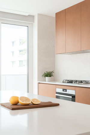 Bright kitchen features a wooden cutting board with sliced and whole lemons. A gas stove is in view along with a small plant on the counter. Natural light floods the space through the window.の素材