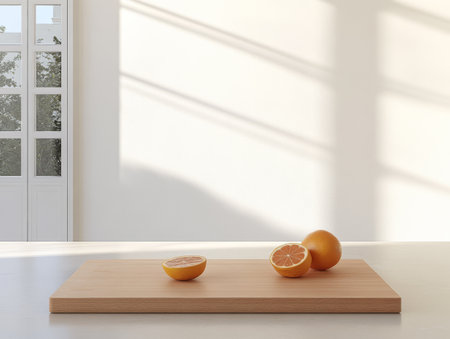 Three oranges rest on a wooden cutting board in a minimally decorated kitchen. Soft afternoon light streams through the windows casting gentle shadows on the surface.の素材