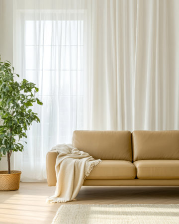 A bright and inviting living room features a comfortable beige sofa draped with a soft blanket. A lush green plant adds a touch of nature beside sheer white curtains that let in warm sunlight.の素材