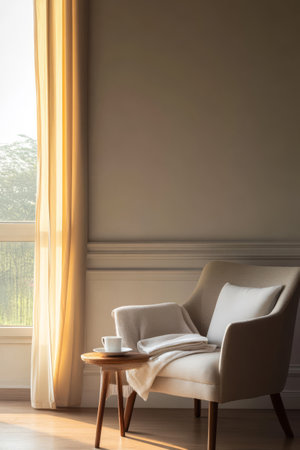A soft armchair is placed beside a window with sheer curtains. Sunlight pours in illuminating a cup and a folded blanket on the side table evoking tranquility and comfort.の素材
