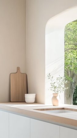 Bright natural light illuminates a minimalist kitchen featuring wooden accents a simple vase and views of greenery through the window creating a serene atmosphere.の素材