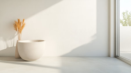 A bright and airy space featuring a large round planter with dried plants beside expansive windows. Soft shadows and neutral tones create a calming atmosphere perfect for relaxation.の素材