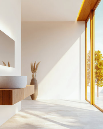 Bright and airy bathroom featuring a stylish sink on a wooden cabinet surrounded by minimalist decor. Large windows allow natural light to flood the space enhancing the serene atmosphere.の素材
