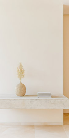 A minimalist interior showcases a woven vase with dried grass on a smooth shelf accompanied by neatly stacked books. The space is bright and airy emphasizing simplicity.の素材