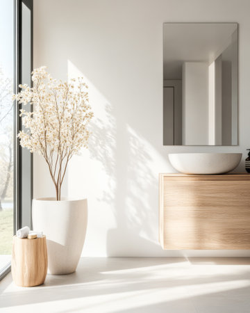 Sunlight streams through large windows illuminating a stylish bathroom featuring a sleek sink wooden cabinet and decorative potted plant creating a calming atmosphere.の素材