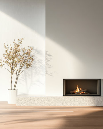 A warm and inviting interior showcases a minimalist fireplace with a gentle flame. A decorative plant adds a touch of nature enhancing the serene atmosphere in an airy space.の素材