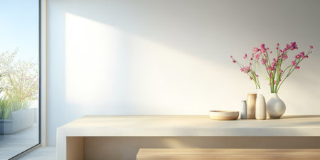 Natural light floods a modern room featuring a simple wooden table with a vase of flowers creating a serene atmosphere. Decorative bowls complement the clean aesthetic in this stylish space.の素材