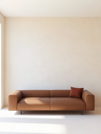 A brown leather sofa with a single decorative cushion sits in a spacious minimalist room. Sunlight streams through a large window illuminating the neutral-colored walls.の素材
