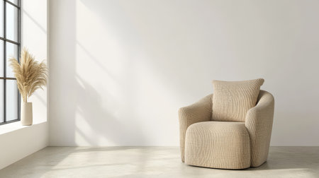 A comfortable beige chair is placed near a large window. Soft sunlight illuminates the space enhancing the minimalist aesthetic. A simple vase with dried plants adds a touch of decor.の素材