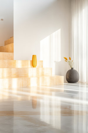 A spacious and modern interior design features warm wooden stairs a vibrant vase and a textured round pot all illuminated by soft sunlight streaming through sheer curtains.の素材