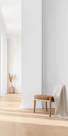 A simple modern interior space features a wooden chair next to a blank wall. A soft blanket drapes over the chair while a vase with plants adds a touch of nature to the serene atmosphere.の素材