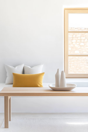 A cozy and bright room features a wooden table with a simple bowl and vases. Soft pillows and cushions are arranged on a bench near a large window enhancing the airy atmosphere.の素材