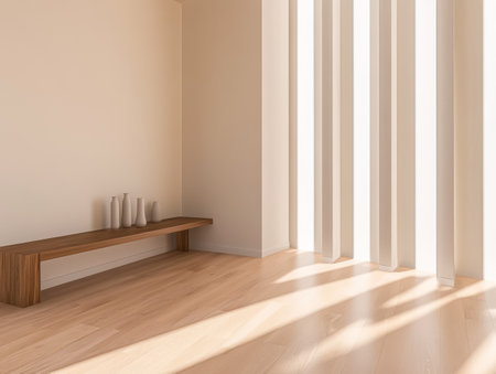 Soft sunlight illuminates a minimalist room featuring a wooden bench against the wall. Simple vases are artfully arranged creating a calm and inviting atmosphere.の素材