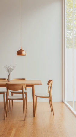 A cozy dining area featuring a wooden table surrounded by simple chairs. A stylish pendant light hangs above and sunlight streams through large windows illuminating the space.の素材