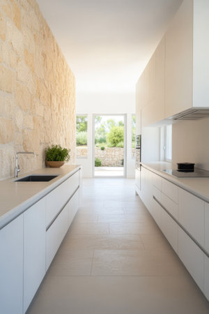 A sleek kitchen showcases bright white cabinetry paired with a stunning natural stone wall. The space is airy and inviting with large windows providing a view of the outdoors.の素材
