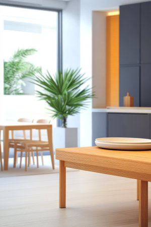 A spacious interior showcases a wooden table with a simple plate on top complemented by lush greenery nearby. Natural light enhances the room's modern decor and inviting atmosphere.の素材