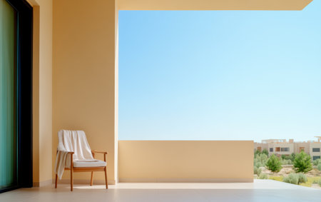 A simple balcony features a wooden chair draped with a white blanket surrounded by a tranquil atmosphere and a clear blue sky. The setting invites relaxation under the sun.の素材