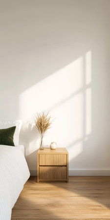 A serene bedroom showcases soft natural lighting casting shadows on a textured wall while a simple bedside table holds dried flowers and a candle creating a calm atmosphere.の素材