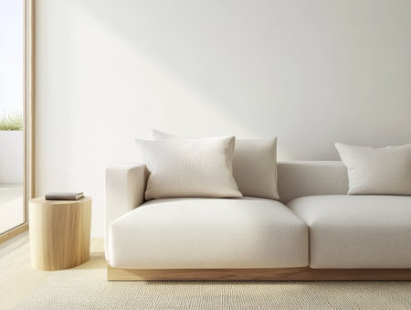 A spacious living area showcases a light-colored sofa adorned with plush pillows beside a wooden side table. Natural light floods the room enhancing the calming ambiance.の素材