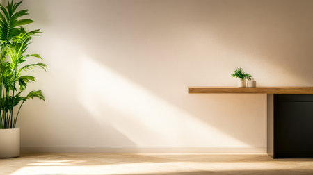 Sunlight streams through a window casting soft shadows on a clean wall. A vibrant green plant sits in a white pot and a wooden table contrasts elegantly with the minimalist decor.の素材