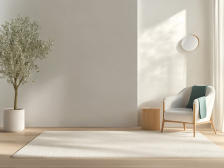 A cozy living area showcases a stylish chair and a potted plant beside a light wall creating a tranquil ambiance enhanced by natural daylight. The space feels inviting and warm.の素材