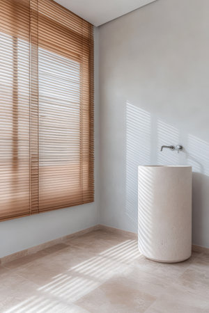 A spacious bathroom showcases a round white basin beside a sunlit window with wooden blinds. Soft light casts striped shadows onto the floor enhancing the serene atmosphere.の素材