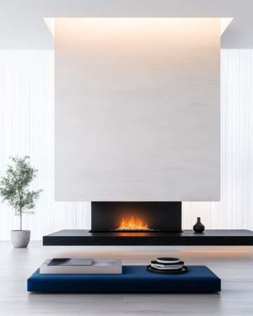 A spacious interior features a modern fireplace with a sleek design. A cozy seating area with minimalist furnishings enhances the contemporary style. Large windows bring in ample light.の素材