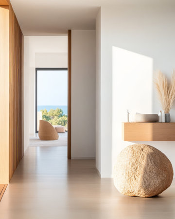 A bright and airy hallway features a large stone sculpture and natural decor showcasing an inviting entrance. Sunlight streams in highlighting the serene coastal view beyond.の素材
