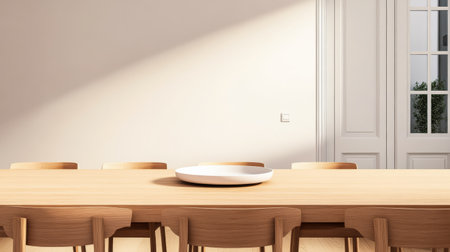 A spacious dining area features a long wooden table surrounded by sleek chairs. Soft light streams through a window highlighting the minimalist decor and a simple centerpiece bowl.の素材