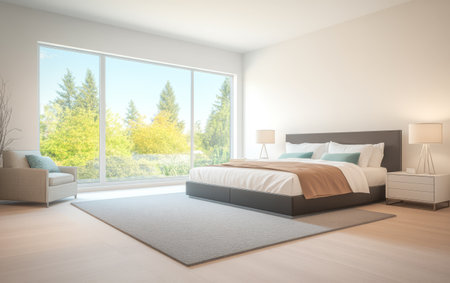 A bright and airy bedroom features a large bed with soft bedding two elegant lamps and a comfortable chair. Expansive windows offer a view of lush greenery outside.の素材