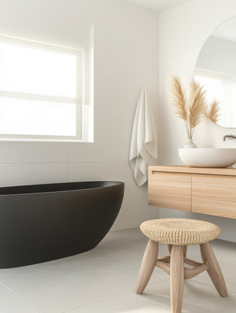 A modern bathroom showcases a stylish black freestanding bathtub against a bright minimal backdrop. Natural decor including a vase with dried plants complements the wooden vanity.の素材