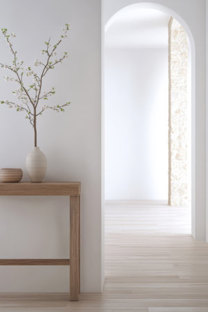 A calm and serene indoor space features a wooden table with a simple vase holding a flower branch. The light streams through the arched doorway enhancing the minimalist decor.の素材