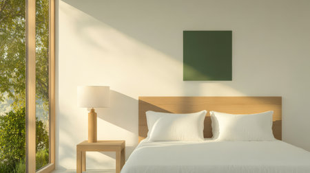 A bright bedroom features a large window allowing natural light to flood in. The space includes a wooden bed with white bedding a simple bedside lamp and a green artwork on the wall.の素材