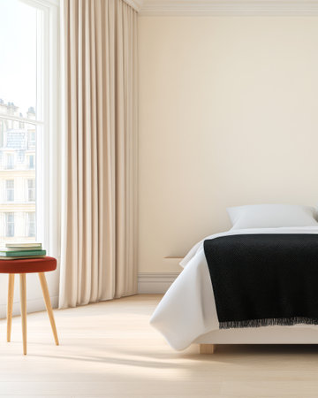 A bright bedroom showcases a large window that invites natural light highlighting a neatly made bed with a dark blanket. A minimalistic side table completes the tranquil atmosphere.の素材
