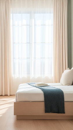 A cozy bedroom features a light-colored bed with a soft blanket and a neatly arranged pillow. Sunlight filters through sheer curtains creating a warm and inviting atmosphere.の素材