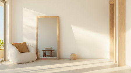 A bright minimalist room showcases a large mirror reflecting soft natural light. A cozy bean bag chair and a simple wooden table enhance the serene atmosphere.の素材