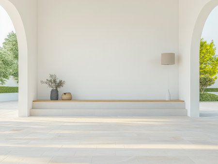 A spacious interior showcases a minimalist design with soft natural light. A bench made of wood sits along a white wall accompanied by decorative vases and a stylish lamp enhancing simplicity.の素材