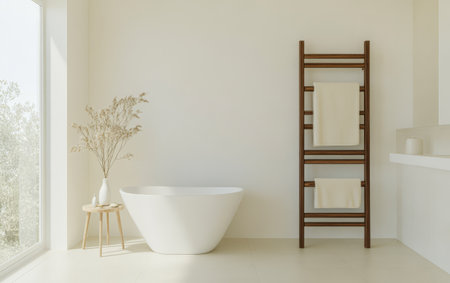 A spacious bathroom featuring a freestanding white tub and a wooden rack displaying neatly folded towels. Natural light floods the area enhancing the minimalist decor and calming ambiance.の素材