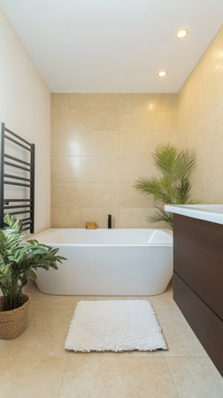 This stylish bathroom showcases a freestanding white bathtub minimalistic cabinetry and indoor plants for a serene atmosphere. Soft lighting enhances the elegant design creating a relaxing space.の素材