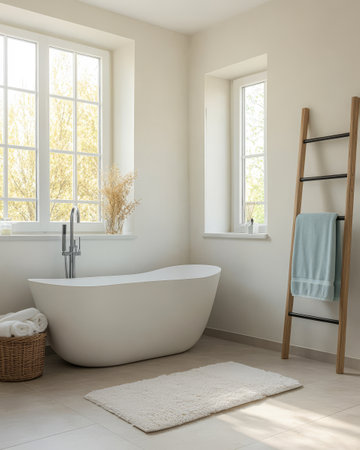 A tranquil bathroom features a sleek freestanding bathtub and large windows allowing soft sunlight to filter in. A wooden ladder holds a light blue towel enhancing the relaxed ambiance.の素材