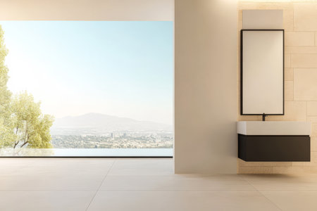 A chic bathroom features a minimalist design with a sleek sink and a large window showcasing a stunning view of the city and mountains. Bright sunlight fills the space.の素材